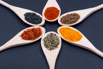 Collection of spices in wooden spoons (Saffron, Basil, Turmeric, Caraway seeds, Sweet Paprika, Black Lava Sea Salt) on dark background.