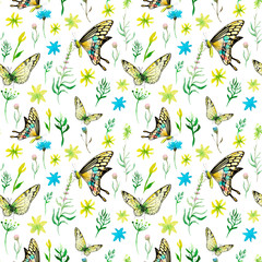 watercolor drawings of butterflies and flowers - seamless pattern
