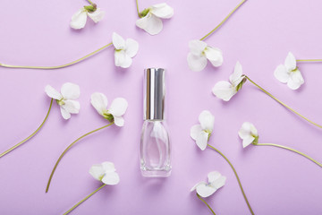 bottle of perfume on pancy flowers. Flower fresh scent.  Banner purple background with white pansies. Pancy flowers, spring mood. Spring banner with spring bloom with copy space, top view. Aroma