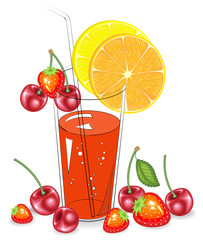 Delicious refreshing drink. In a glass of natural fruit juice, a slice of orange, tangerine, lemon, cherry, strawberry. Vector illustration