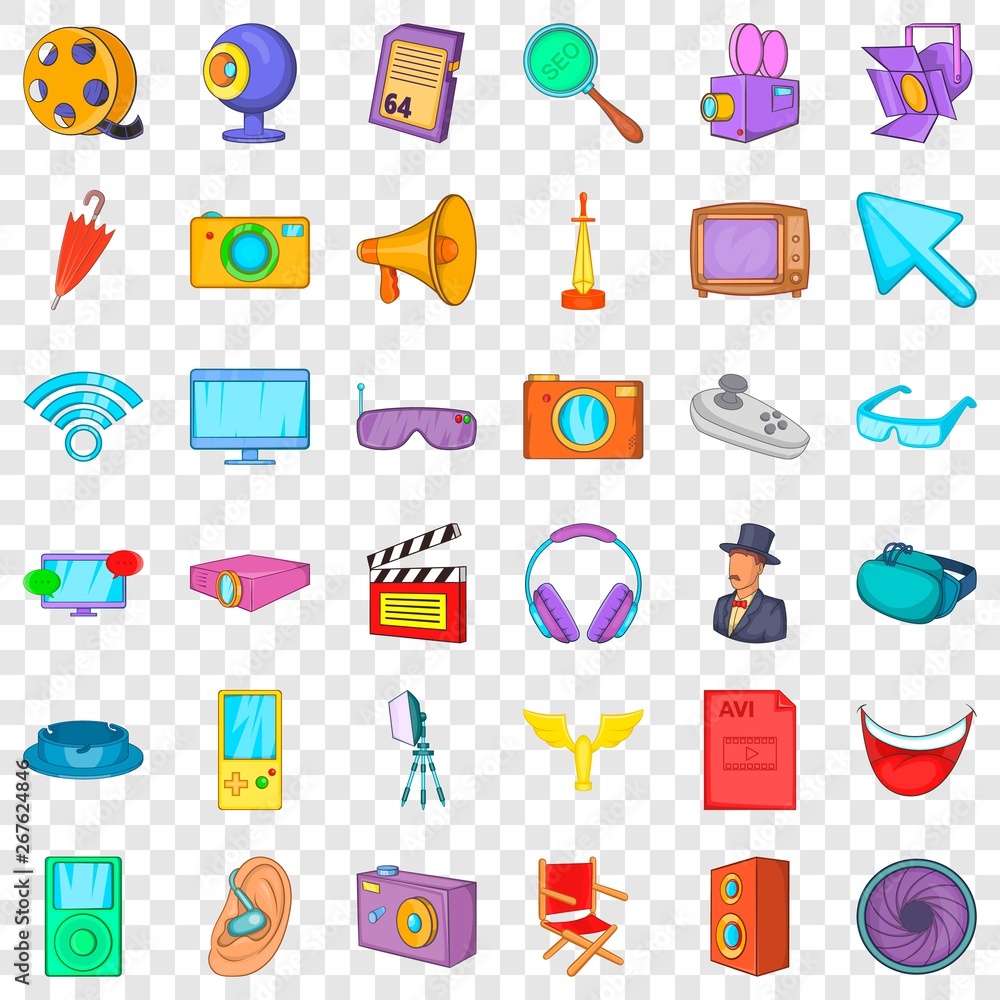 Poster actor icons set. cartoon style of 36 actor vector icons for web for any design