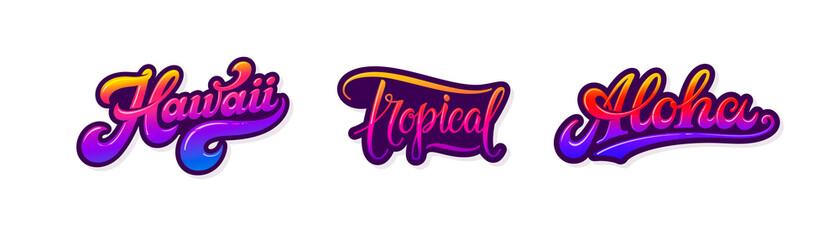 Hawaii, tropical, aloha retro labels isolated on white background. Set of summer texts and words. Retro pink and purple gradient tropical signs set. Vector design elements. 80s graphic