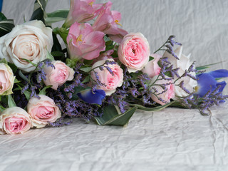 Wedding bouquet of delicate flowers. Wedding decoration with flowers. Copy space.