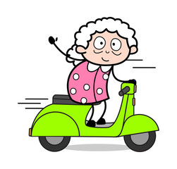 Riding Scooter - Old Woman Cartoon Granny Vector Illustration