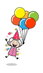 Flying wityh Balloons - Old Woman Cartoon Granny Vector Illustration