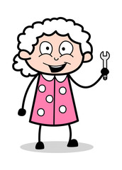 Showing Wrench Tool - Old Woman Cartoon Granny Vector Illustration