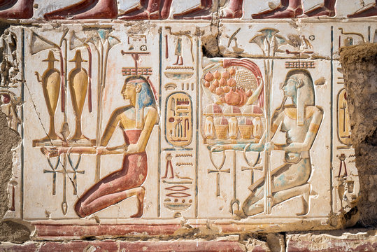 Close-up of hieroglyphics, Temple of Rameses II, Abydos, Egypt