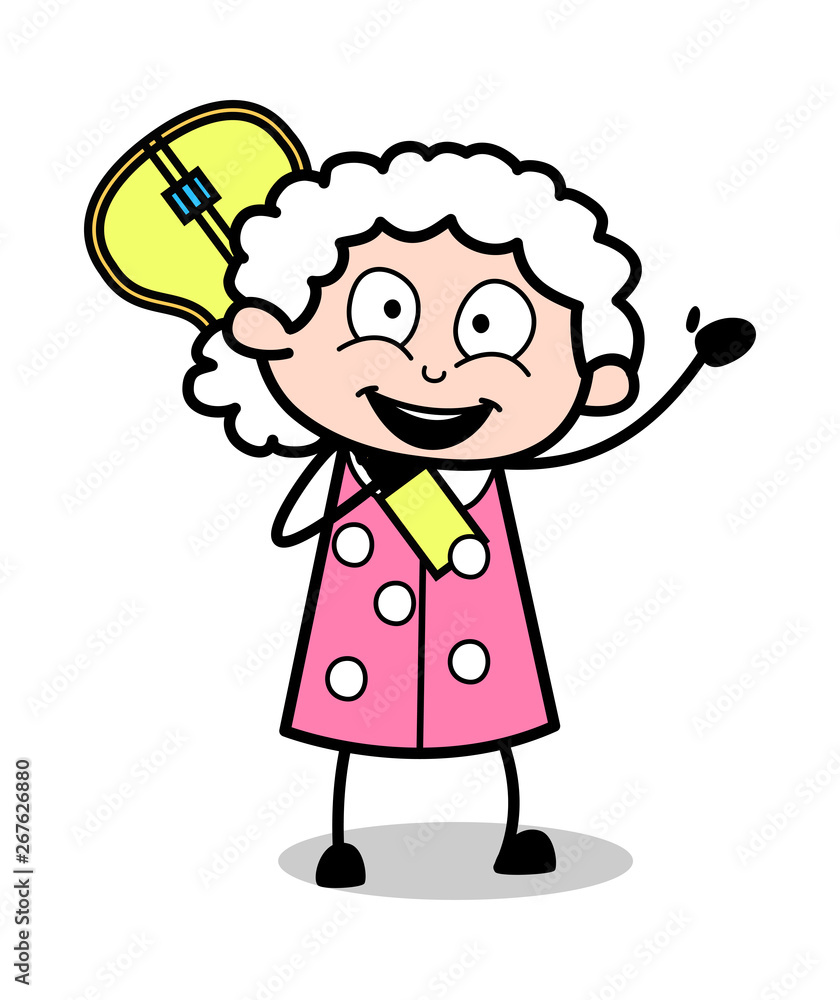 Wall mural Holding a Guitar and Saying Hello - Old Woman Cartoon Granny Vector Illustration - Wall murals
