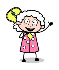 Holding a Guitar and Saying Hello - Old Woman Cartoon Granny Vector Illustration