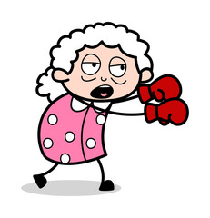 Boxing - Old Woman Cartoon Granny Vector Illustration