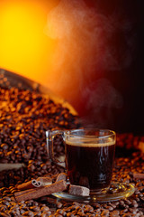 Espresso coffee cup with brown sugar and cinnamon sticks.