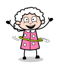 Playing with Hula-Hoop - Old Woman Cartoon Granny Vector Illustration