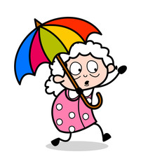 Running with Umbrella - Old Woman Cartoon Granny Vector Illustration