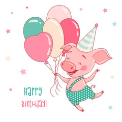 Cute smilling piggy is flying on balloons
