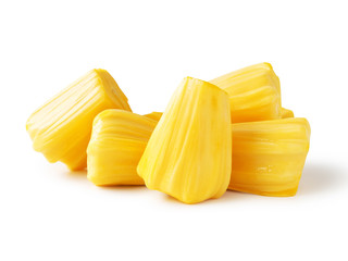 Ripe jackfruit isolated on white background, yellow flesh color.