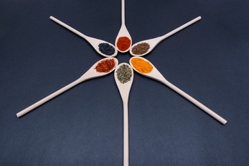 Collection of spices in wooden spoons (Saffron, Basil, Turmeric, Caraway seeds, Sweet Paprika, Black Lava Sea Salt) on dark background.