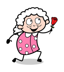 Presenting a Rose - Old Woman Cartoon Granny Vector Illustration