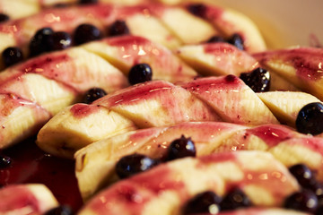 Banana with blueberry sauce at buffet