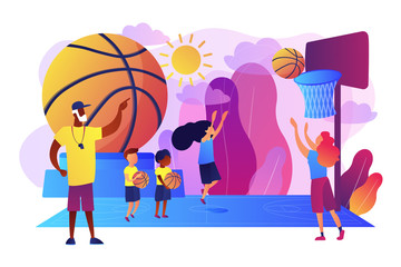 Coach teaching and kids practicing basketball in summer camp, tiny people. Basketball camp, academy, achieve basketball goals concept. Bright vibrant violet vector isolated illustration