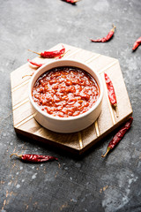 Schezwan Sauce / Szechuan chutney is an important ingredient in Chinese recipe. served in a bowl, isolated.  selective focus