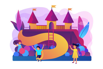 Happy children playing outdoors on playground with slides, balls and tubes, tiny people. Kids playground, kids zone, playground for rent concept. Bright vibrant violet vector isolated illustration