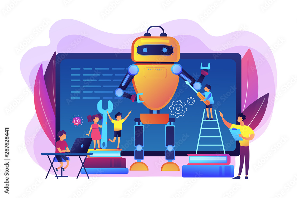 Poster kids programming and creating robot at class, tiny people. engineering for kids, learn science activ