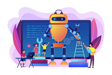 Kids programming and creating robot at class, tiny people. Engineering for kids, learn science activities, early development classes concept. Bright vibrant violet vector isolated illustration