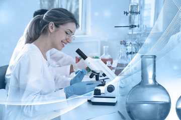 Student working in modern scientific laboratory, double exposure. Experimental chemistry
