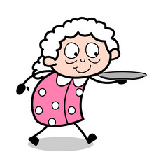 Holding a Plate - Old Woman Cartoon Granny Vector Illustration