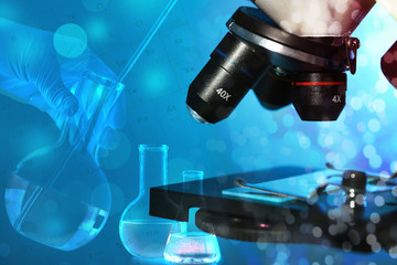 Modern microscope and closeup of scientist with flask, double exposure. Experimental chemistry