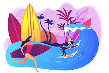 Teacher teaching surfing, riding a wave on the surfboard in ocean, tiny people. Surfing school, surf spot area, learn to surf here concept. Bright vibrant violet vector isolated illustration