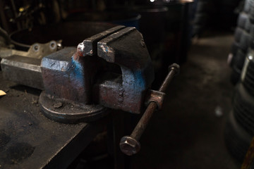 old bench vise  in garage
