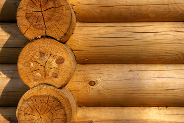 The wall of the wooden house of rounded timber. End of logs