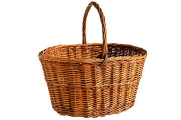 Fototapeta na wymiar Empty wicker basket with a handle isolated on a white background. Preparation for the designer. Front view