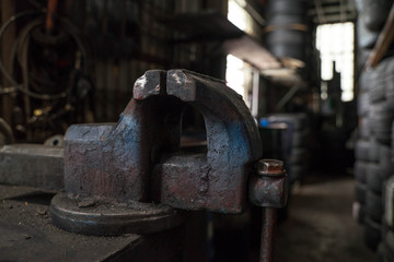 old bench vise  in garage
