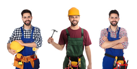 Collage of construction worker in uniform with different tools on white background