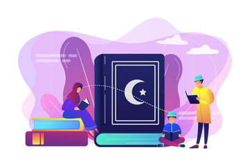 Muslim family in traditional clothes reading holy book Quran, tiny people. Five Pillars of Islam, Islamic calendar, Islamic culture concept. Bright vibrant violet vector isolated illustration