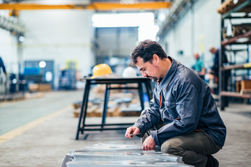Technician measuring parts at the factory.