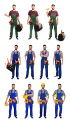 Fototapeta premium Collage of construction worker in uniform with different tools on white background