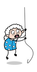 Hanging on the Rope - Old Woman Cartoon Granny Vector Illustration