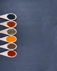 Obraz na płótnie Canvas Collection of spices in wooden spoons (Saffron, Basil, Turmeric, Caraway seeds, Sweet Paprika, Black Lava Sea Salt) on dark background.
