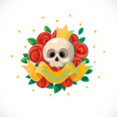 Princess emblem skull in crown surrounded by roses stylized tattoo isolated on a white background