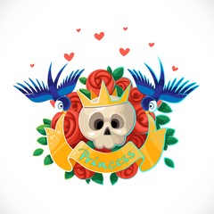Fototapeta premium Princess emblem skull in crown surrounded by roses and with two swallow birds hold yellow ribbon stylized tattoo isolated on a white background
