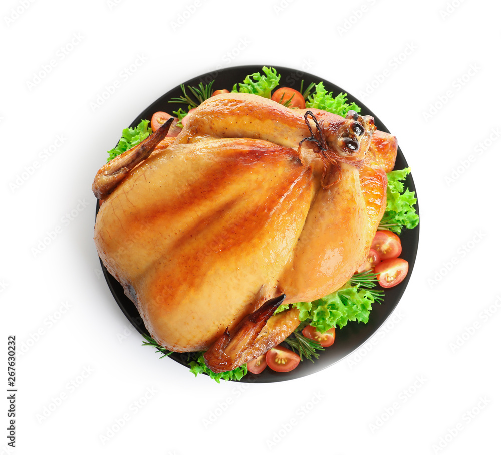 Wall mural platter of cooked turkey with garnish on white background, top view