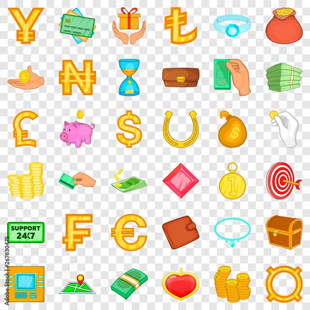 Poster currency icons set. cartoon style of 36 currency vector icons for web for any design