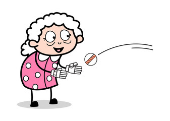 Trying to Catch a Ball - Old Woman Cartoon Granny Vector Illustration