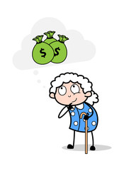 Thinking About Money - Old Woman Cartoon Granny Vector Illustration
