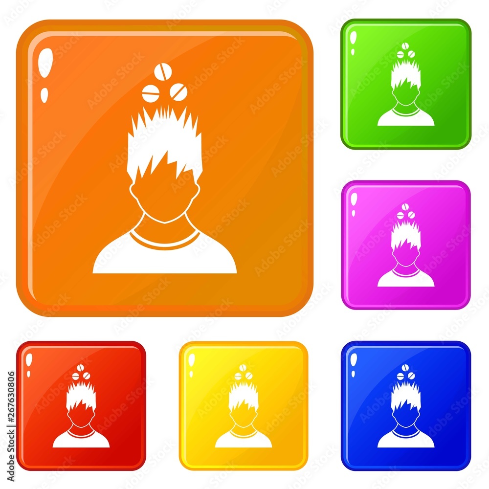 Poster man with tablets over head icons set collection vector 6 color isolated on white background