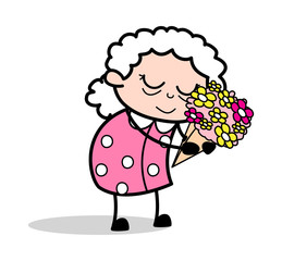 Presenting a Bouquet - Old Woman Cartoon Granny Vector Illustration