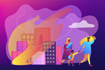 Tiny people refugee migrant family in destroyed city searching for new home. Refugees people, refugee crisis, forced displaced people concept. Bright vibrant violet vector isolated illustration